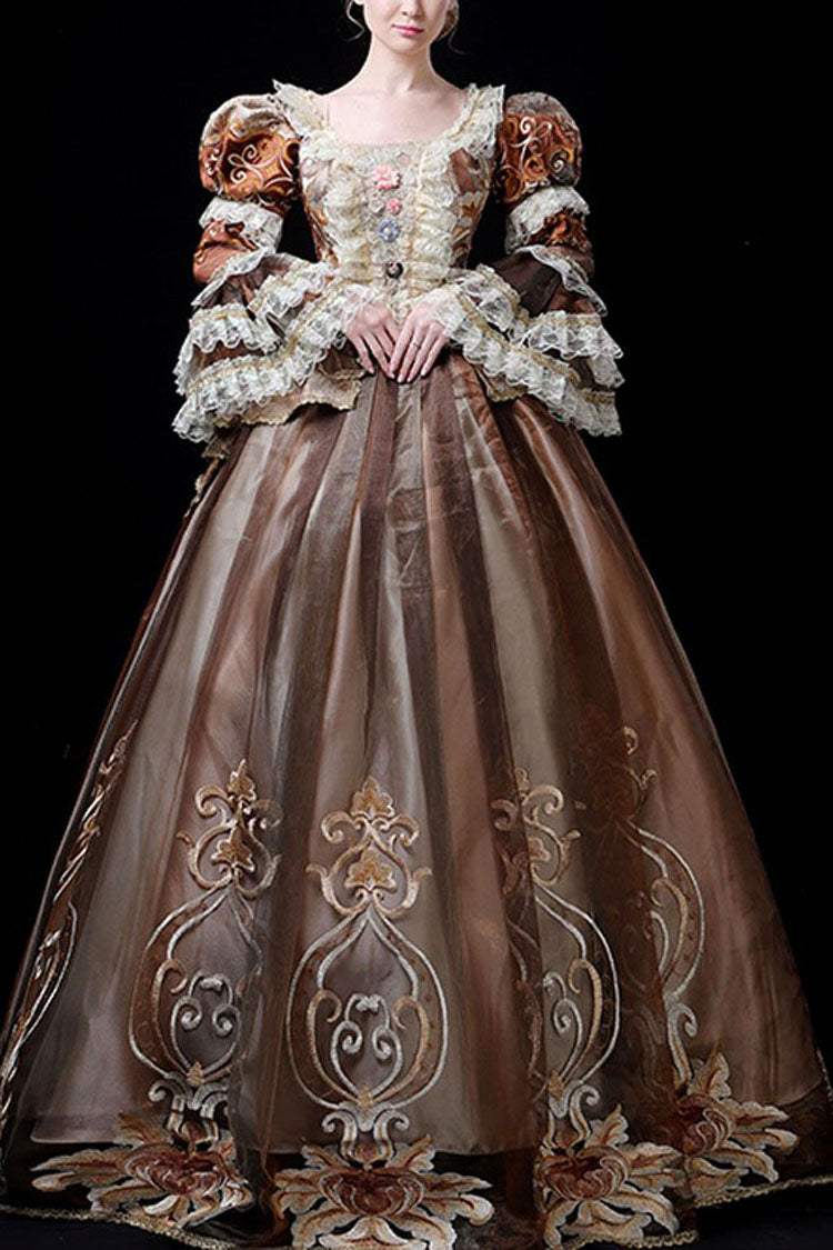 Coffee Multi-Layer Trumpet Sleeves High Waisted Three Dimensional Flower Embroidery Print Victorian Lolita Prom Dress - Coffee - 1