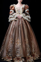 Coffee Multi-Layer Trumpet Sleeves High Waisted Three Dimensional Flower Embroidery Print Victorian Lolita Prom Dress - Coffee - 1