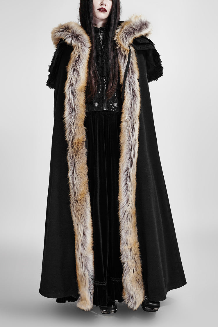 Black Hooded Fur Collar Wool Long Womens Gothic Coat Cloak - Black - 1