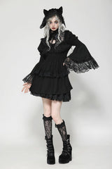 Black Lace Ruffled Stand Collar Long Puff Sleeves Cut-Out Women's Gothic Grad Dress - Product - 9