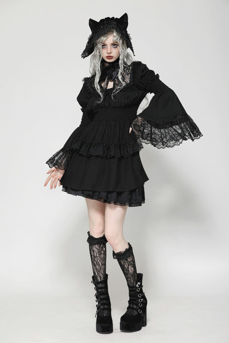Black Lace Ruffled Stand Collar Long Puff Sleeves Cut-Out Women's Gothic Grad Dress - Product - 9