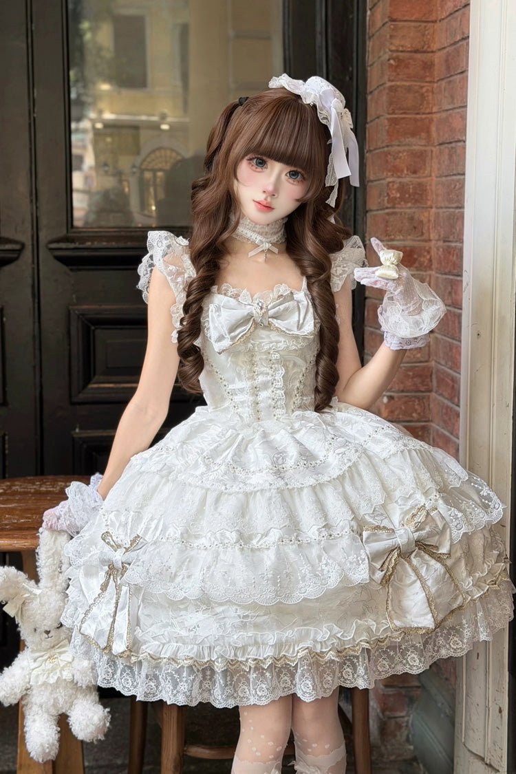 White [Day and Night Duality] Square Collar Sleeveless Multi-Layered Jacquard Ruffled Bow Lace Sweet Lolita Jsk Dress - White - 1