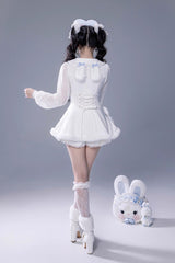 White Long Sleeves Ruffle Bowknot Lace-Up Japanese Jirai Kei Dress Shorts Plush Set - Product - 9