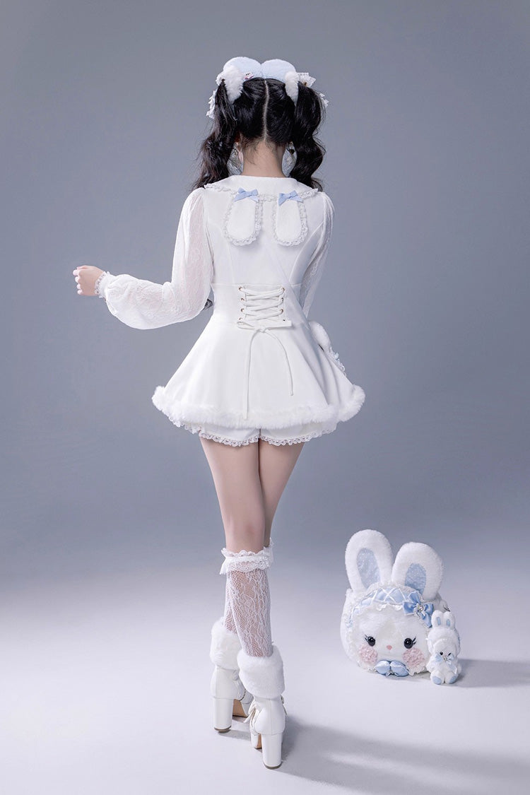 White Long Sleeves Ruffle Bowknot Lace-Up Japanese Jirai Kei Dress Shorts Plush Set - Product - 9