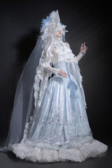 Blue [Snow Lily] Print Ruffle Hanayome Embroidery Bowknot Lace-Up Sweet Elegant Princess Lolita Skirt Set - Product - 4