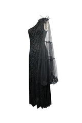 Black One Shoulder Mesh Shawl Feather Lace Decoration Velvet Long Women's Gothic Dress - Product - 7