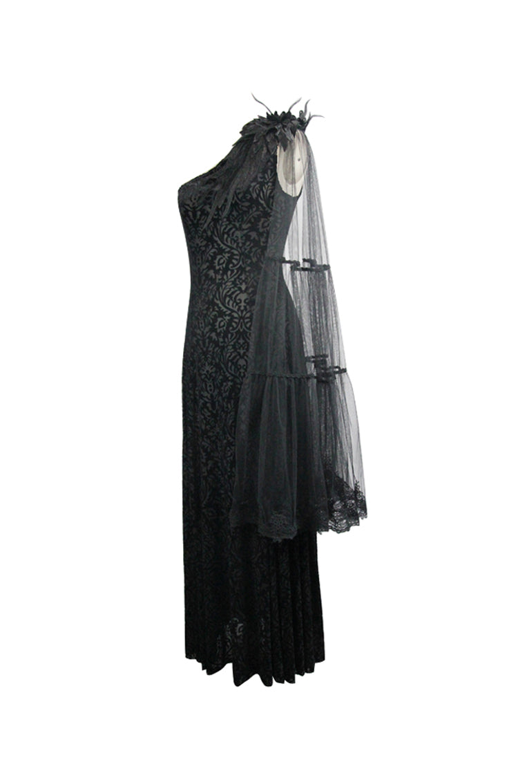 Black One Shoulder Mesh Shawl Feather Lace Decoration Velvet Long Women's Gothic Dress - Product - 7