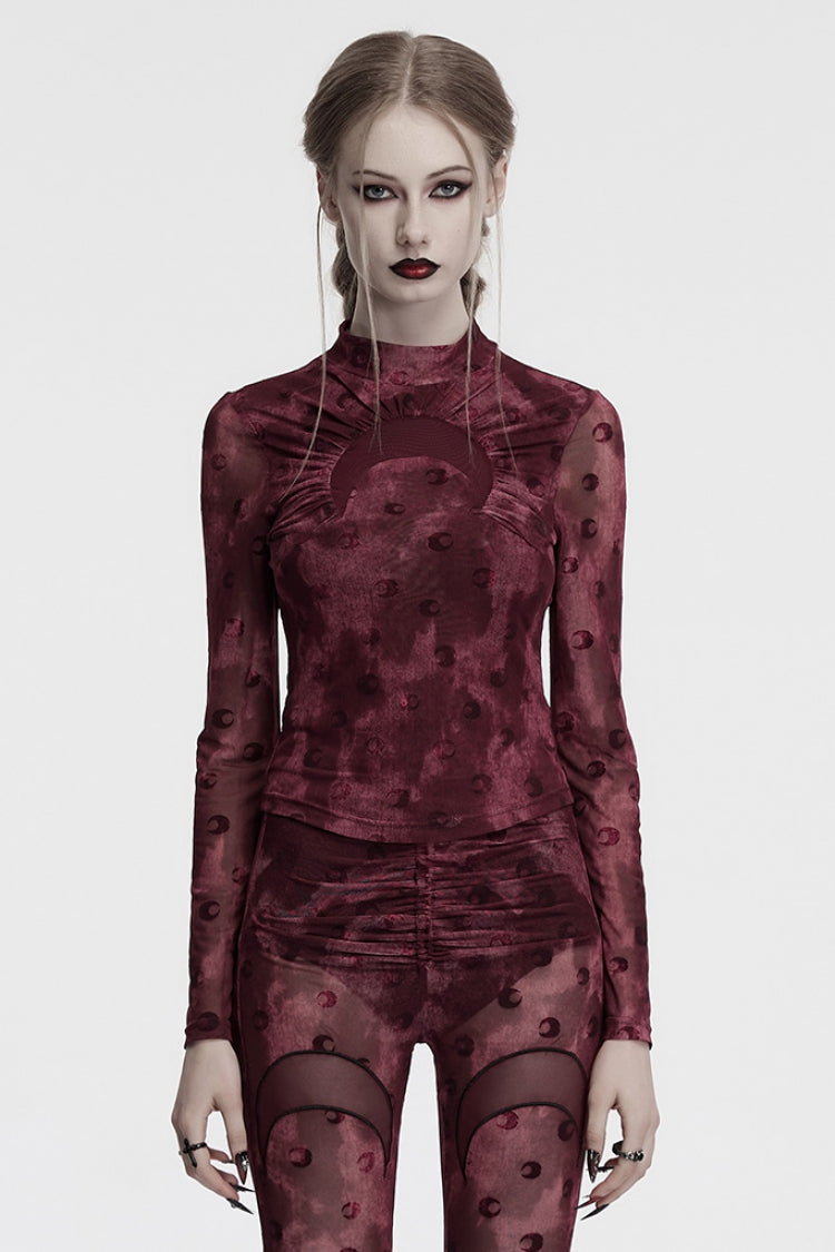 Red Moon Print Mesh Ruched Women's Gothic Blouse - Red - 1