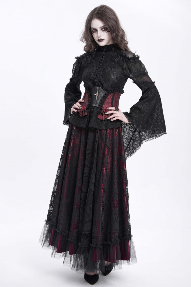 Black/Red Printed Spliced Lace Lace-Up Slim Zippered Women's Gothic Palace Corset - Product - 6