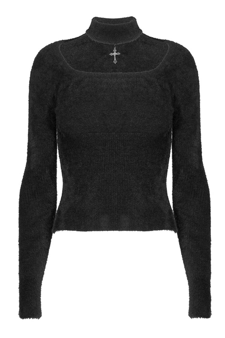 Black Knitted Tight Hollow-Carved Design Metal Cross Decoration Long Sleeve Women's Punk Top - Product - 5