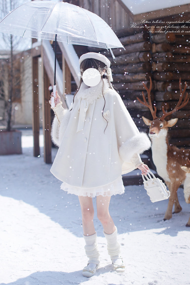 White Long Sleeves Lace Sweet Japanese Lolita Fluffy Cloak Coat - Product - 2