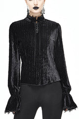 Black Pleated Velvet Trumpet Sleeves Womens Gothic Blouse - Black - 1