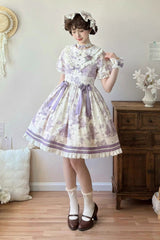 Purple [Grape Moon Almanac] Short Sleeves Multi-Layered Printed Ruffled Bow Sweet Lolita Dress - Purple - 1