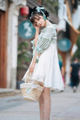 White/Green Half Sleeves Ruffled Bow Sweet Chinese Style Lolita Hanfu Dress - Product - 6
