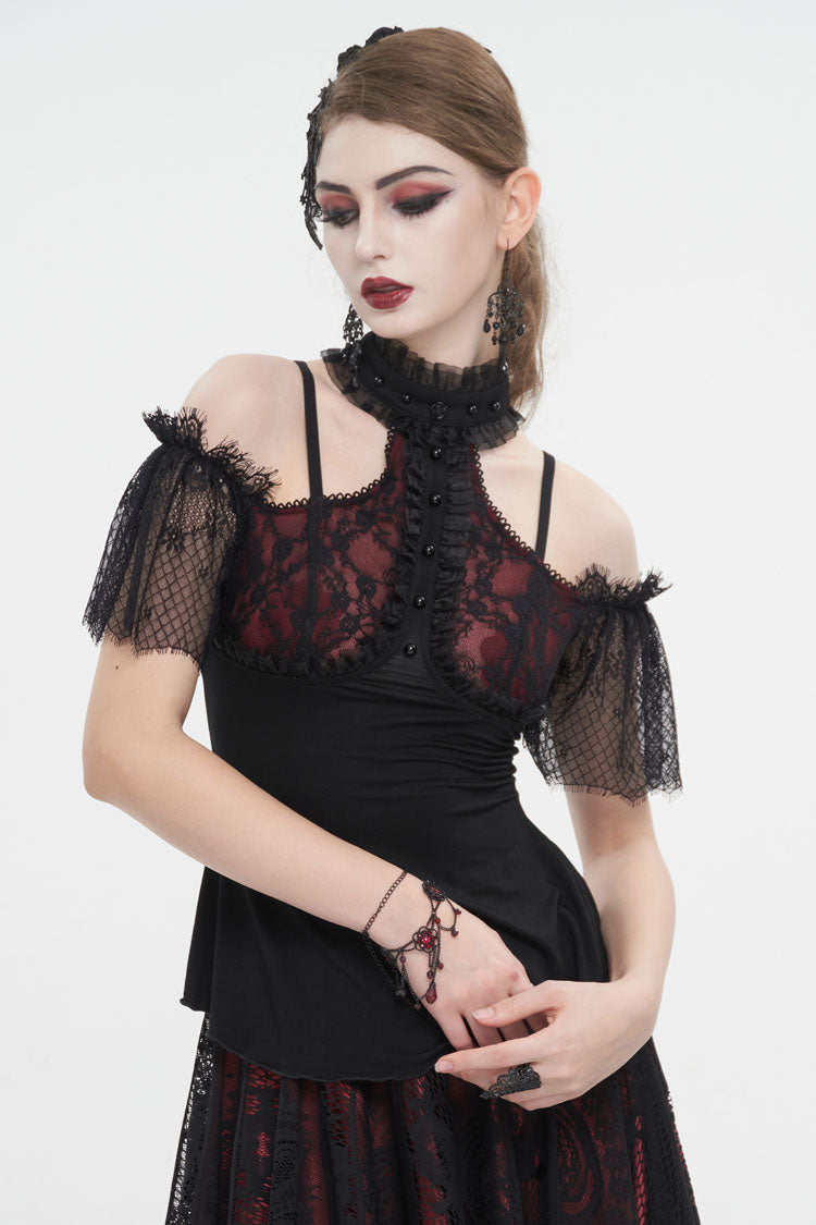 Black/Red Off Shoulder Lace Round Collar Splice Women's Gothic Shirt - Product - 2