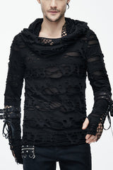 Black Ripped Finger Covered Autumn Hooded Mens Punk T-Shirt - Black - 1