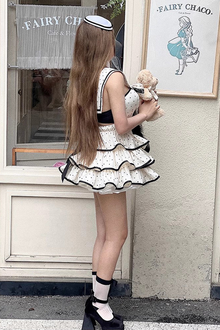 Apricot Multi-layer Polka Dots Print Navy Doll Ruffle Bowknot Sweet Lolita Tiered Dress - Product - 9