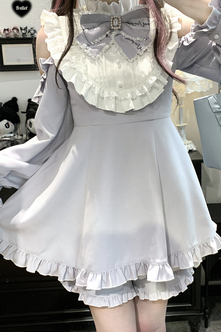 Light Blue [Rose Princess] Off Shoulder Long Sleeves Ruffle Bowknot Gothic Jirai Kei Dress - Product - 8