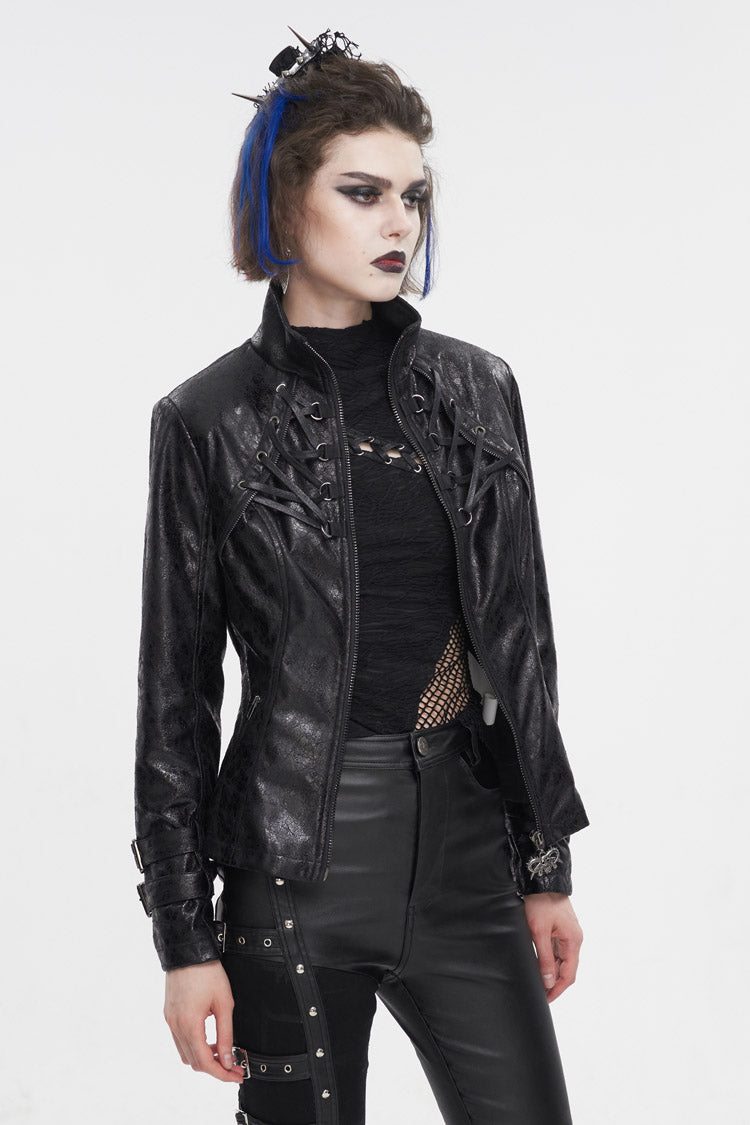 Black Stand Collar Crackled Buckle Women's Punk Jacket - Product - 3