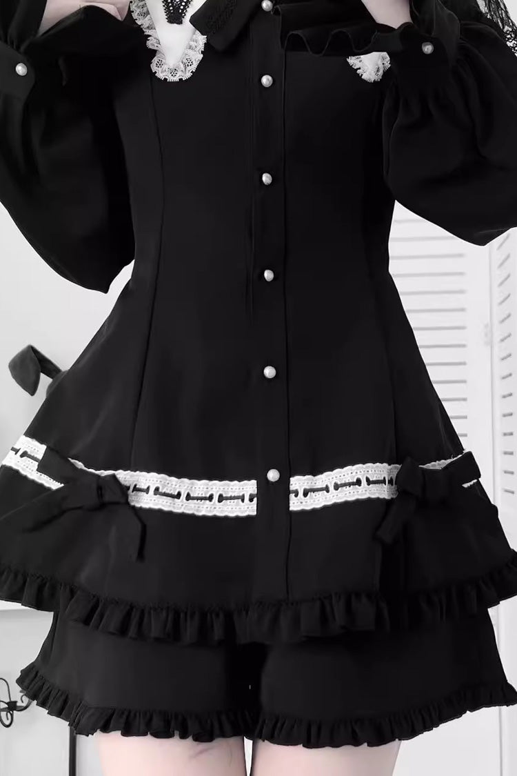 Black Long Sleeves Ruffled Bow Gothic Jirai Kei Dress Shorts - Product - 5