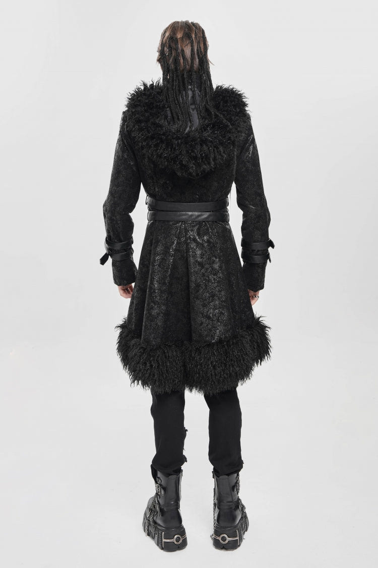 Black Stand Collar Long Sleeves Lace-Up Slim  Zippered Men's Punk Coat with Detachable Belt - Product - 14