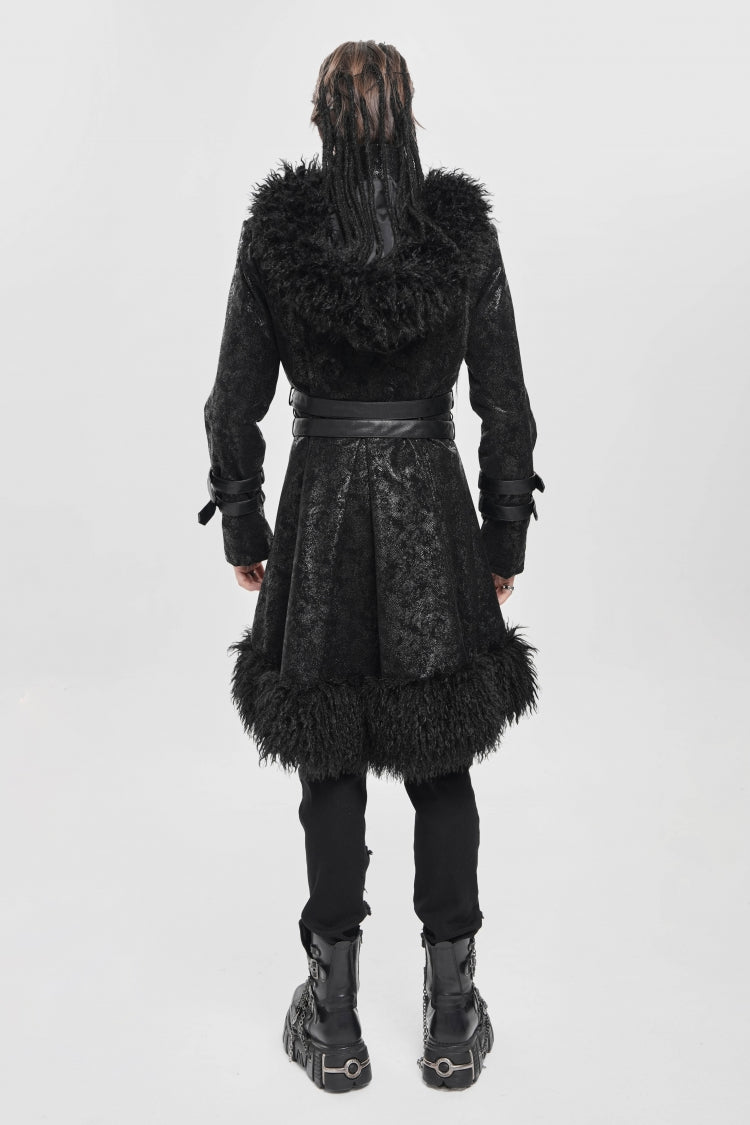 Black Stand Collar Long Sleeves Lace-Up Slim  Zippered Men's Punk Coat with Detachable Belt - Product - 14