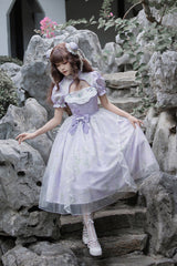 Purple Lilac Short Sleeves Hollow Embroidery Sweet Chinese Cheongsam Style Lolita Dress - Product - 6