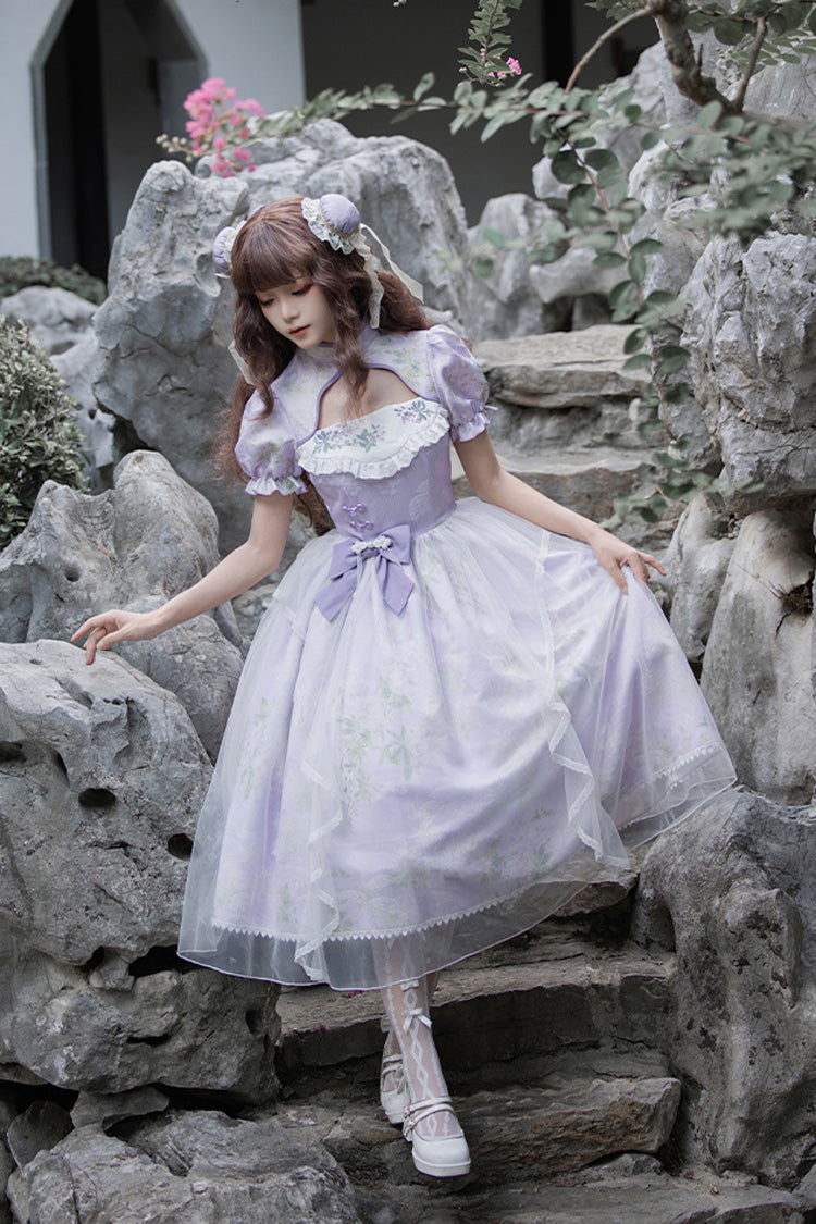 Purple Lilac Short Sleeves Hollow Embroidery Sweet Chinese Cheongsam Style Lolita Dress - Product - 6