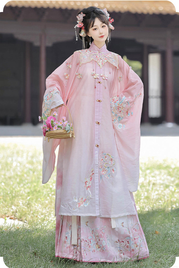 Pink [Spring Scenery Gardens] Collar High Waisted Embroidered Women's Sweet Hanfu Dress Set - Product - 2