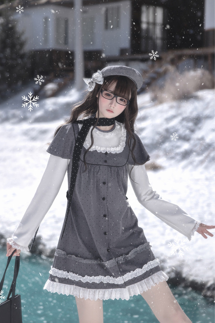 Grey Square Collar Long Sleeves Polka Dot Printed Ruffled Sweet Lolita Dress - Product - 12