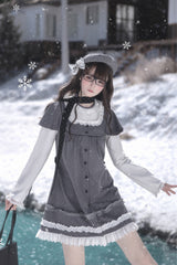 Grey Square Collar Long Sleeves Polka Dot Printed Ruffled Sweet Lolita Dress - Product - 12