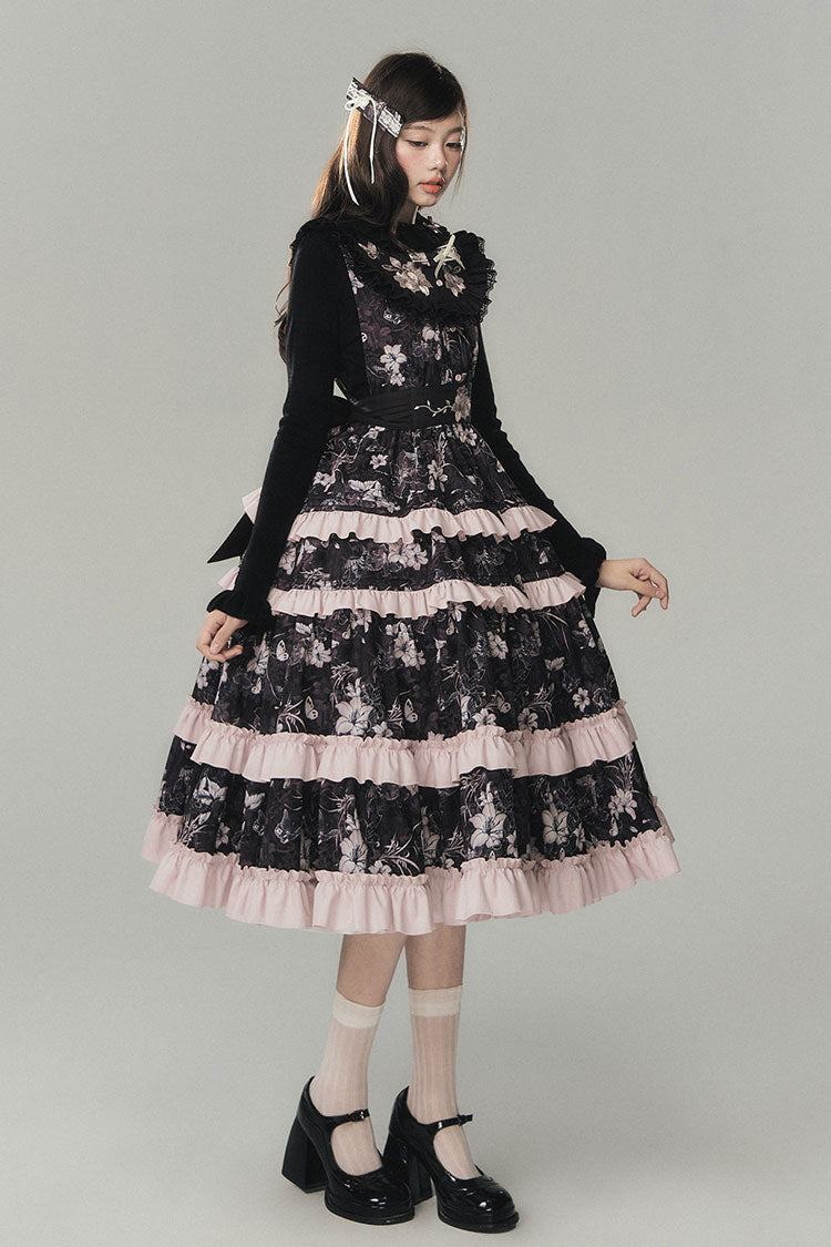 Black [Sacred Heart Lily] Round Collar Sleeveless Multi-Layered Printed Ruffled Embroidered Sweet Chinese Inspired Lolita Jumper Dress - Product - 12