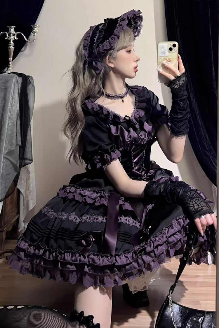 Black/Purple [Layered Blackcurrant] Short Sleeves Ruffle Bowknot Lace Sweet Lolita Dress - Product - 2