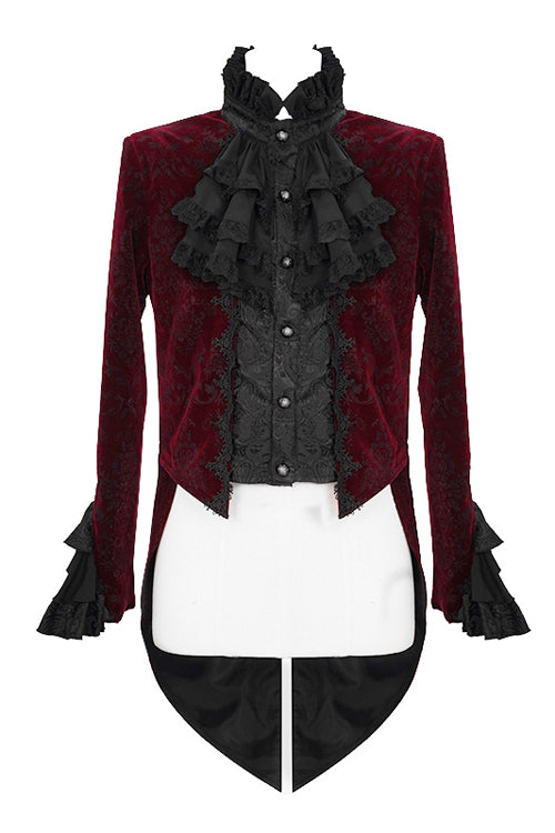 Lotus Leaf Corsage Collar False Two Piece Mens Red Gothic Swallow Tailed Coats - Product - 4