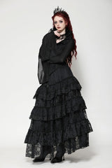 Black Lace Ruffled V Stand Collar Long Flared Sleeves Jacquard Women's Gothic Blouse - Product - 10