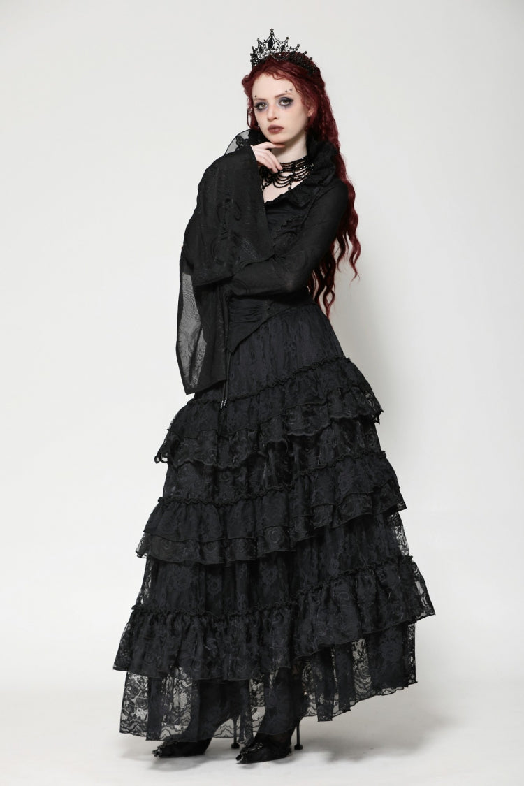 Black Lace Ruffled V Stand Collar Long Flared Sleeves Jacquard Women's Gothic Blouse - Product - 10