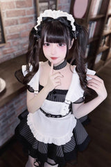 Grey/Black Short Sleeves Stripe Print Ruffle Jirai Kei Dress - Product - 4