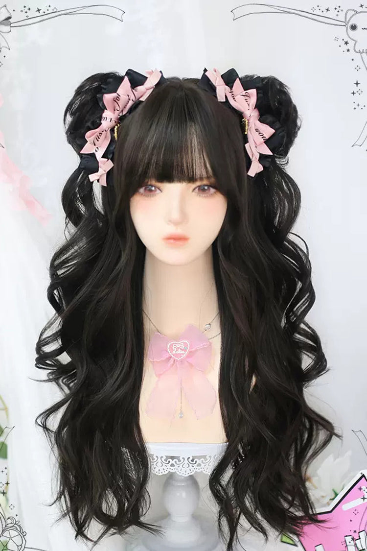 Black Double Ponytail Long Curly Sweet Lolita Wigs - Black - 1