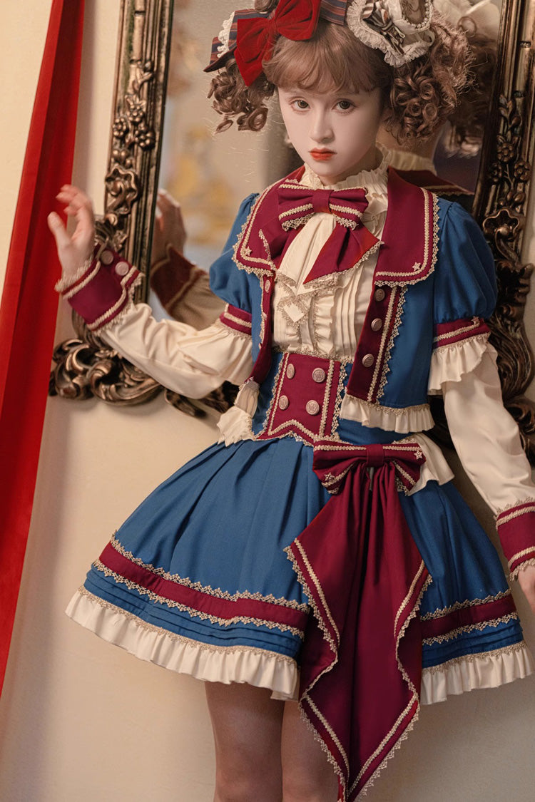 Red/White/Blue Star Idol Round Collar Ruffle Bowknot Sweet Princess Lolita Skirt Full Set - Product - 2