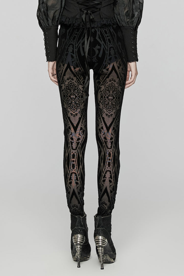 Black Floral Embroidery Mesh Women's Gothic Leggings - Product - 3