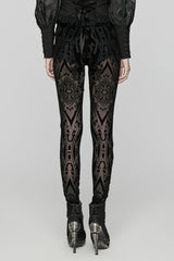 Black Floral Embroidery Mesh Women's Gothic Leggings - Product - 3