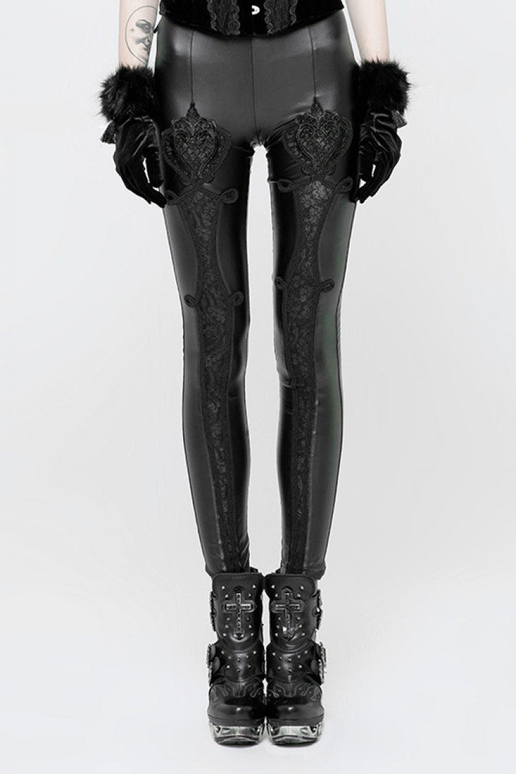 Floral Print Embroidery Decoration Lace Women's Steampunk Leggings 2 Colors - Black - 1