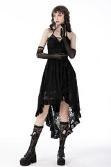 Black Off Shoulder Halterneck Ruffled Lace-Up Swallow Tail Floral Lace Women's Gothic Dress - Product - 11