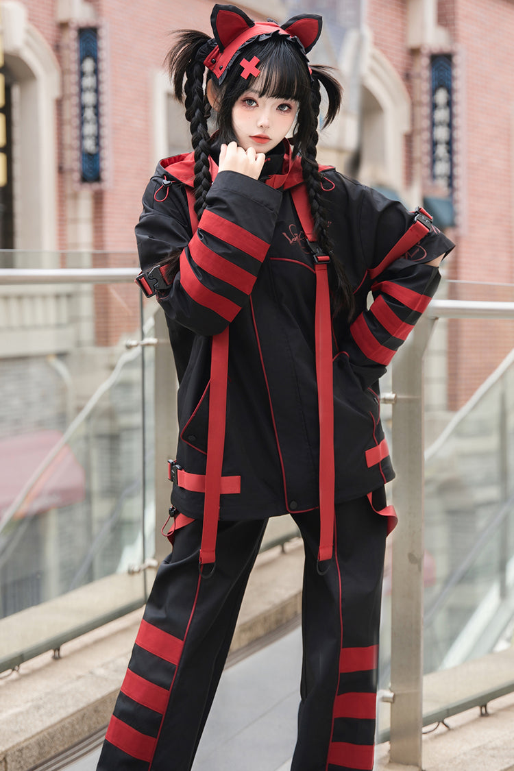 Black/Red Long Sleeves Print Cat Ears Hooded Jirai Kei Handsome Coat - Product - 3