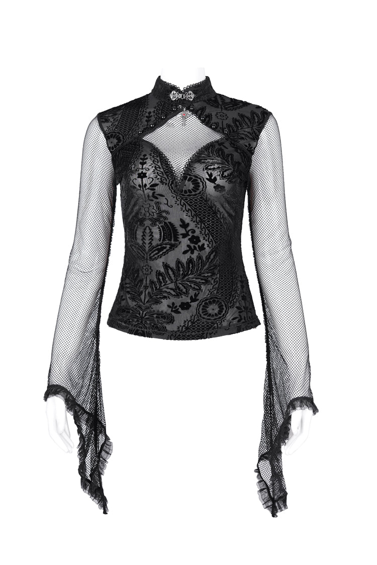 Black Stand Collar Hollow Embroidery Lace Women's Gothic Blouse - Product - 6