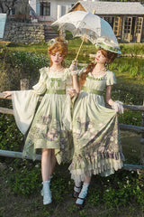 Green [Blooming Roses] Print Oil Painting Chiffon Ruffle Bowknot Irregular Sweet Lolita Jsk Dress - Product - 8