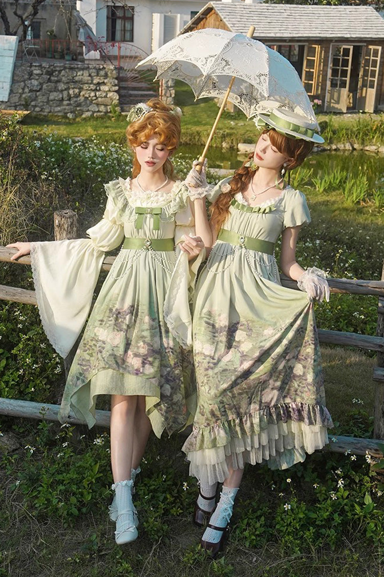Green [Blooming Roses] Print Oil Painting Chiffon Short Sleeves Ruffle Bowknot Sweet Lolita Dress - Product - 10