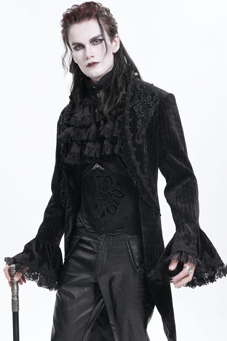 Black Stand Collar Swallow-tailed Long Sleeves Lace Men's Gothic Jacket - Product - 2