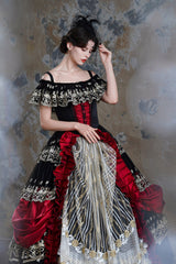 Black/Red Off Shoulder Short Sleeves Multi-Layered Ruffled Open-Front Mesh Gothic Vintage Palace Lolita Victorian Dress - Product - 5