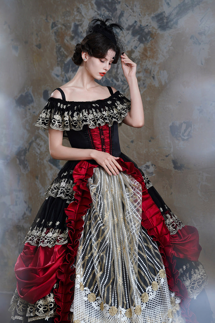 Black/Red Off Shoulder Short Sleeves Multi-Layered Ruffled Open-Front Mesh Gothic Vintage Palace Lolita Victorian Dress - Product - 5